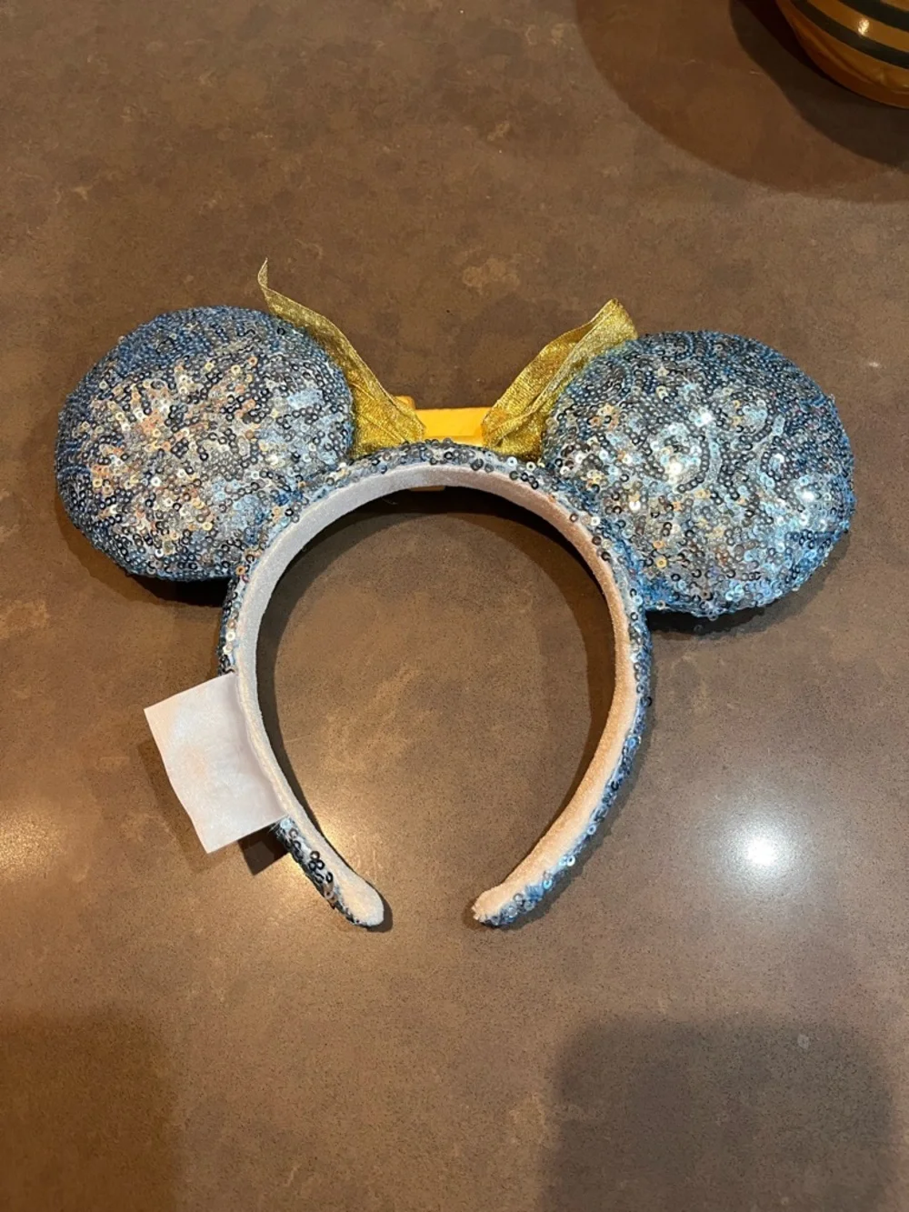 Disneyland Marquee Minnie Ears Blue Sequin Gold Bow Retro Headband
